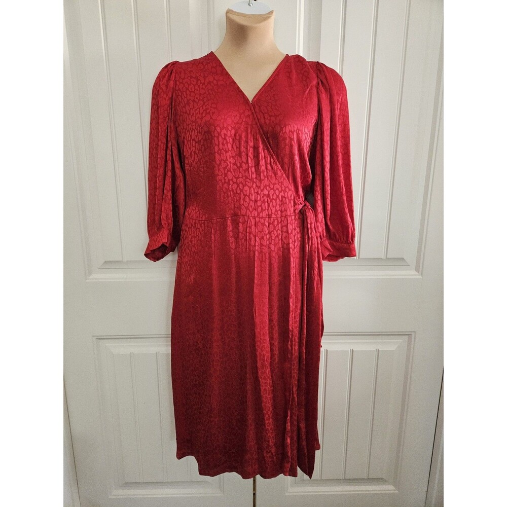 Michael Kors Crimson Satin Wrap Dress Subtle Cheetah Jaquard Sz 1X Button Cuffs